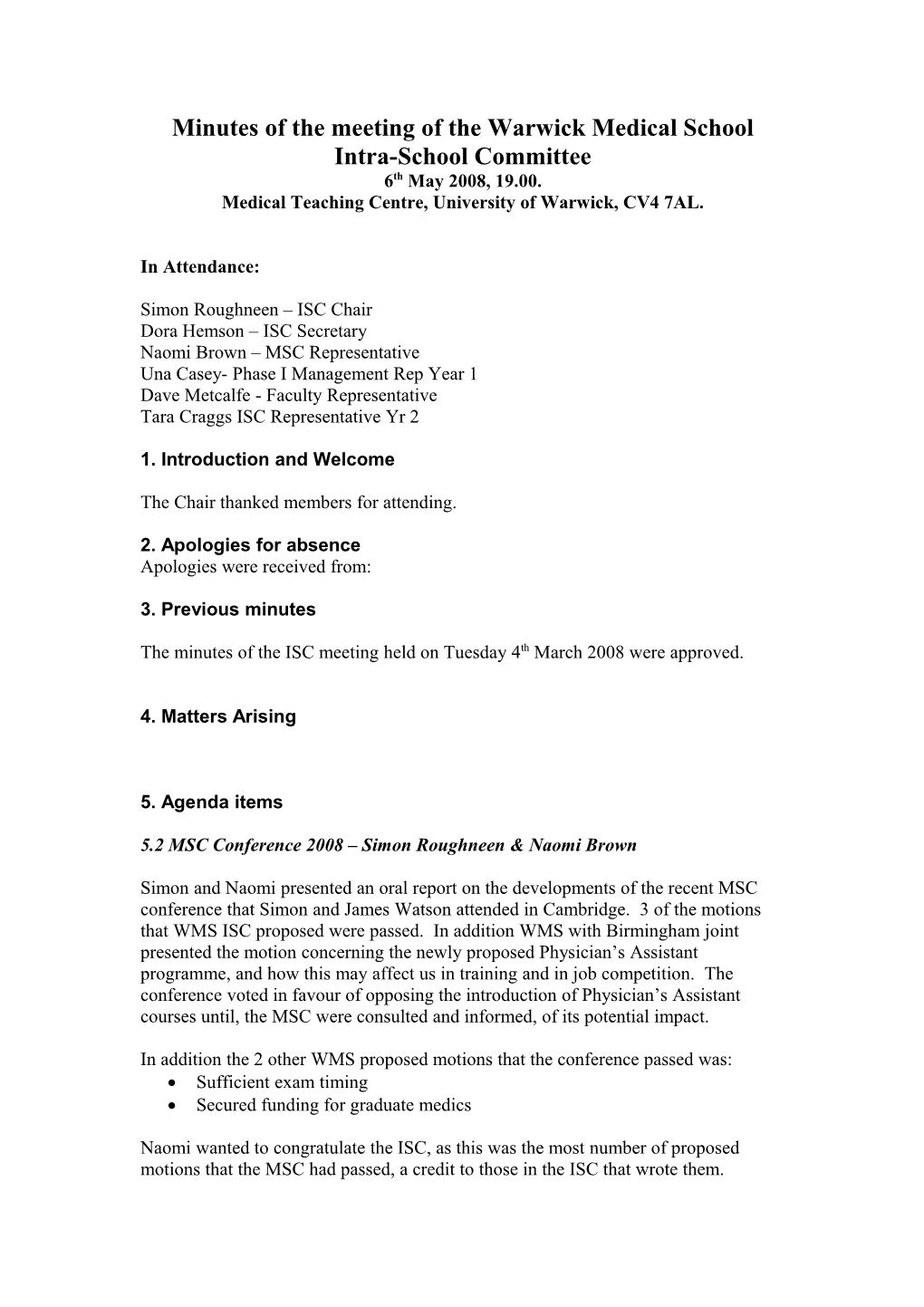 Minutes of the Meeting of the Warwick Medical School Intra-School Committee s1