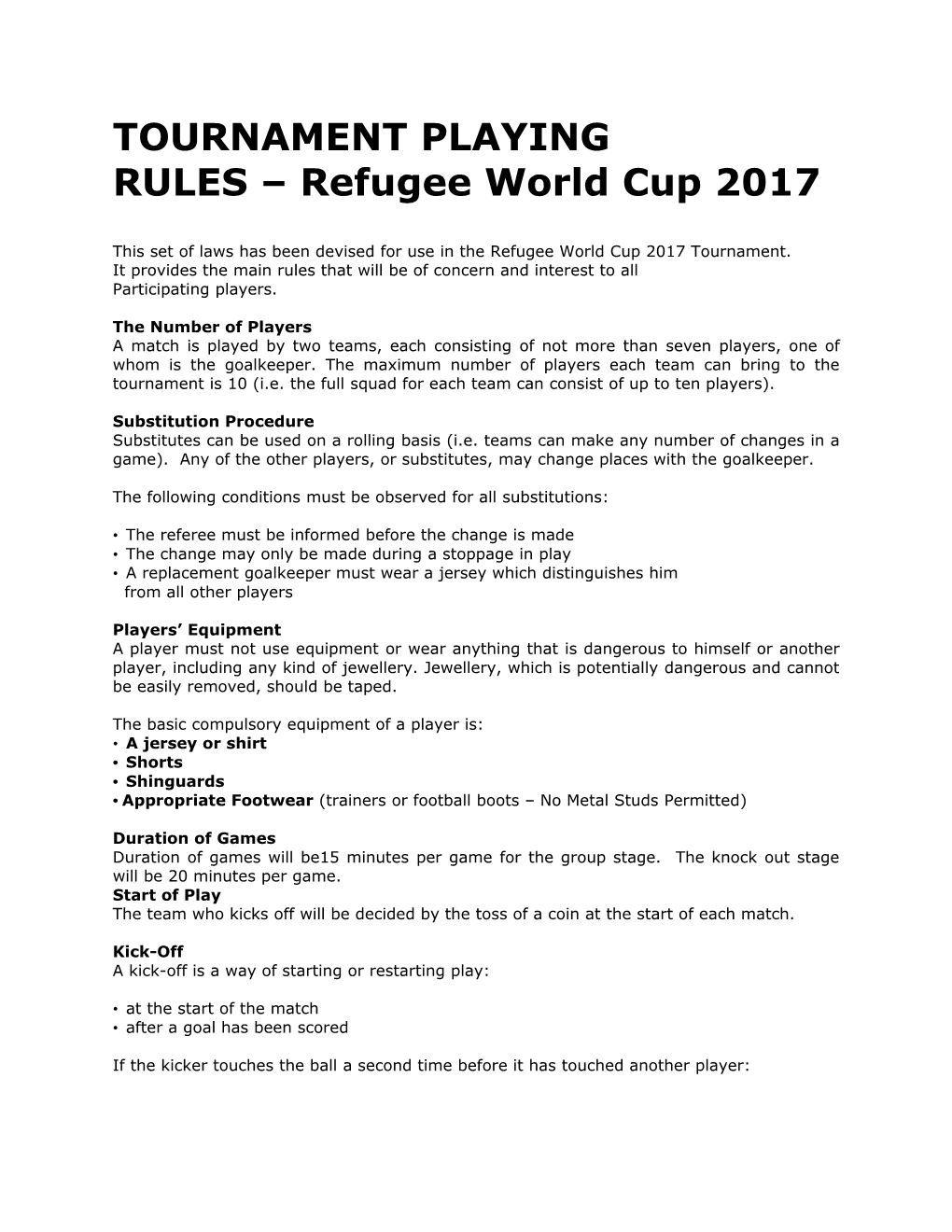 RULES Refugee World Cup 2017