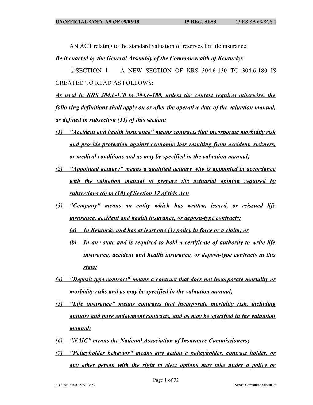 AN ACT Relating to the Standard Valuation of Reserves for Life Insurance