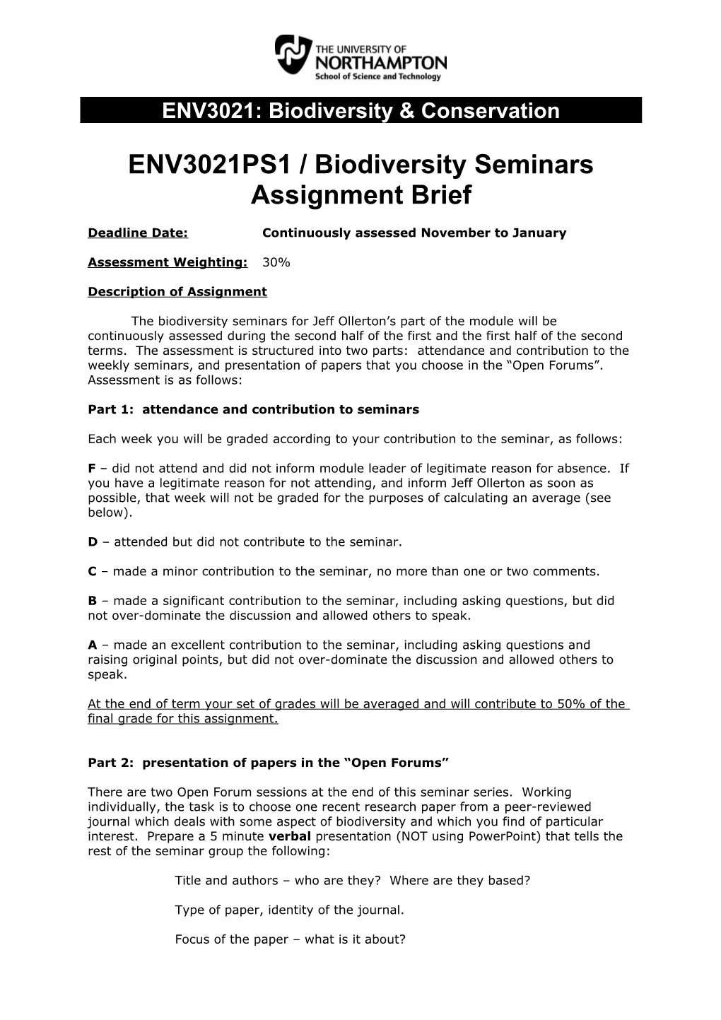 ENV3021: Biodiversity & Conservation