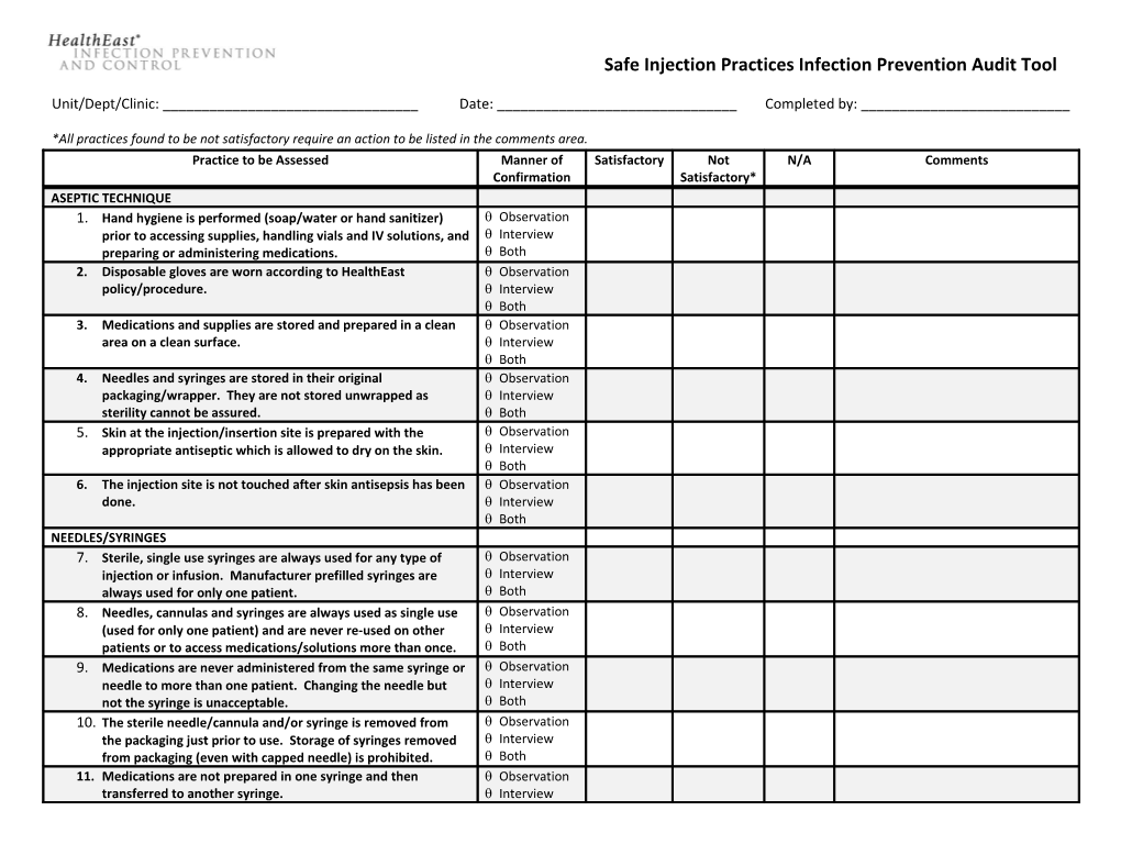 Safe Injection Practices Infection Prevention Audit Tool