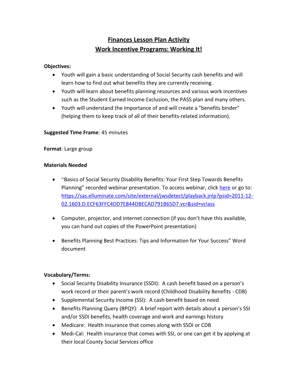 Activity II: Work Incentive Programs: Working It