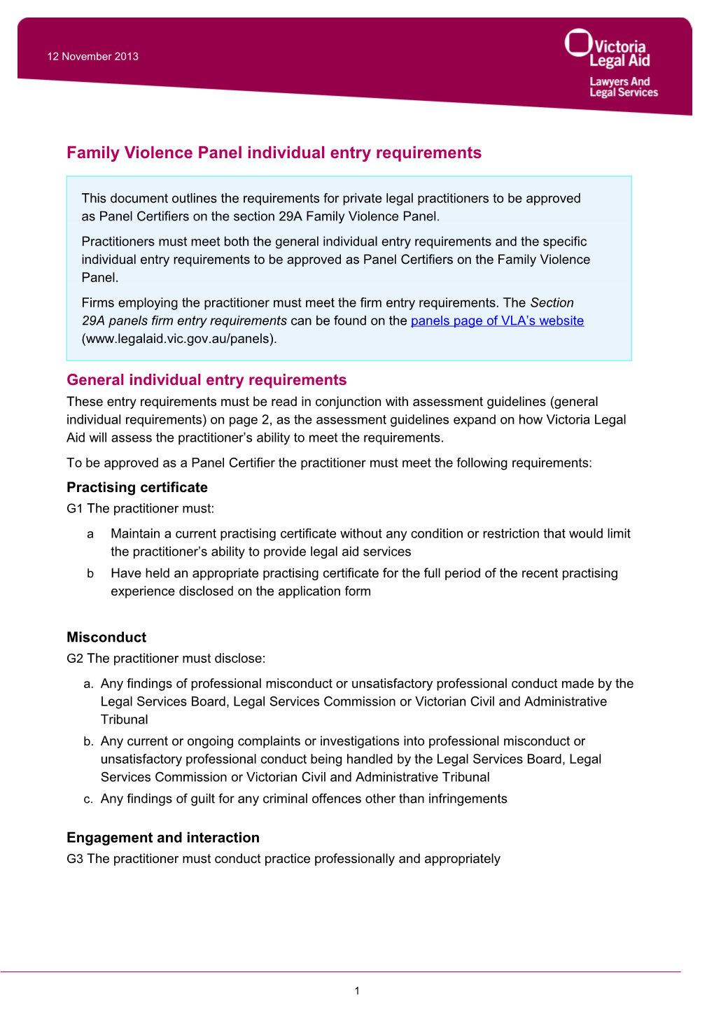 Family Violence Panel Individual Entry Requirements