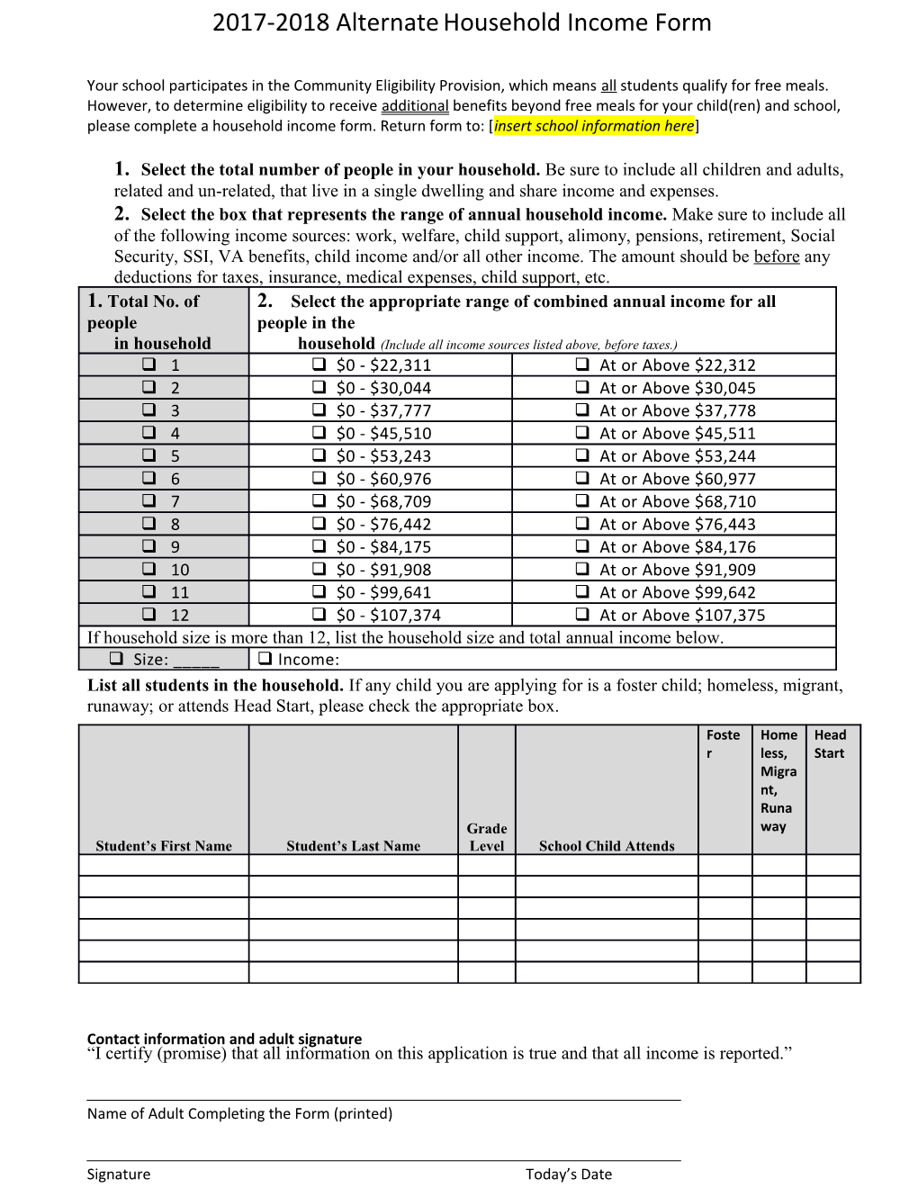 2017-2018 Alternate Household Income Form, Page 2