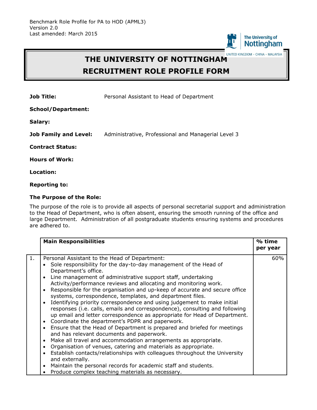 Benchmark Role Profile for PA to HOD (APML3)