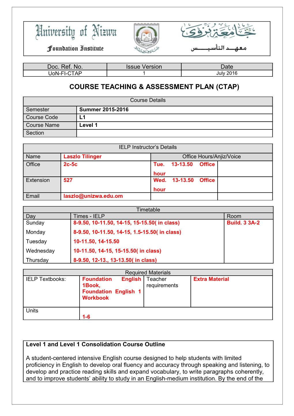Course Teaching & Assessment Plan (Ctap)