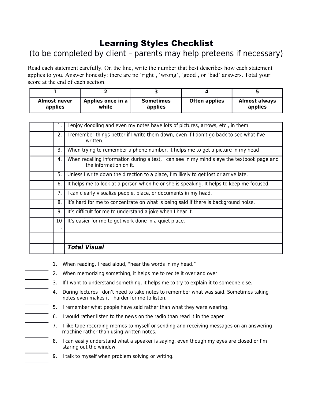 Learning Styles Checklist