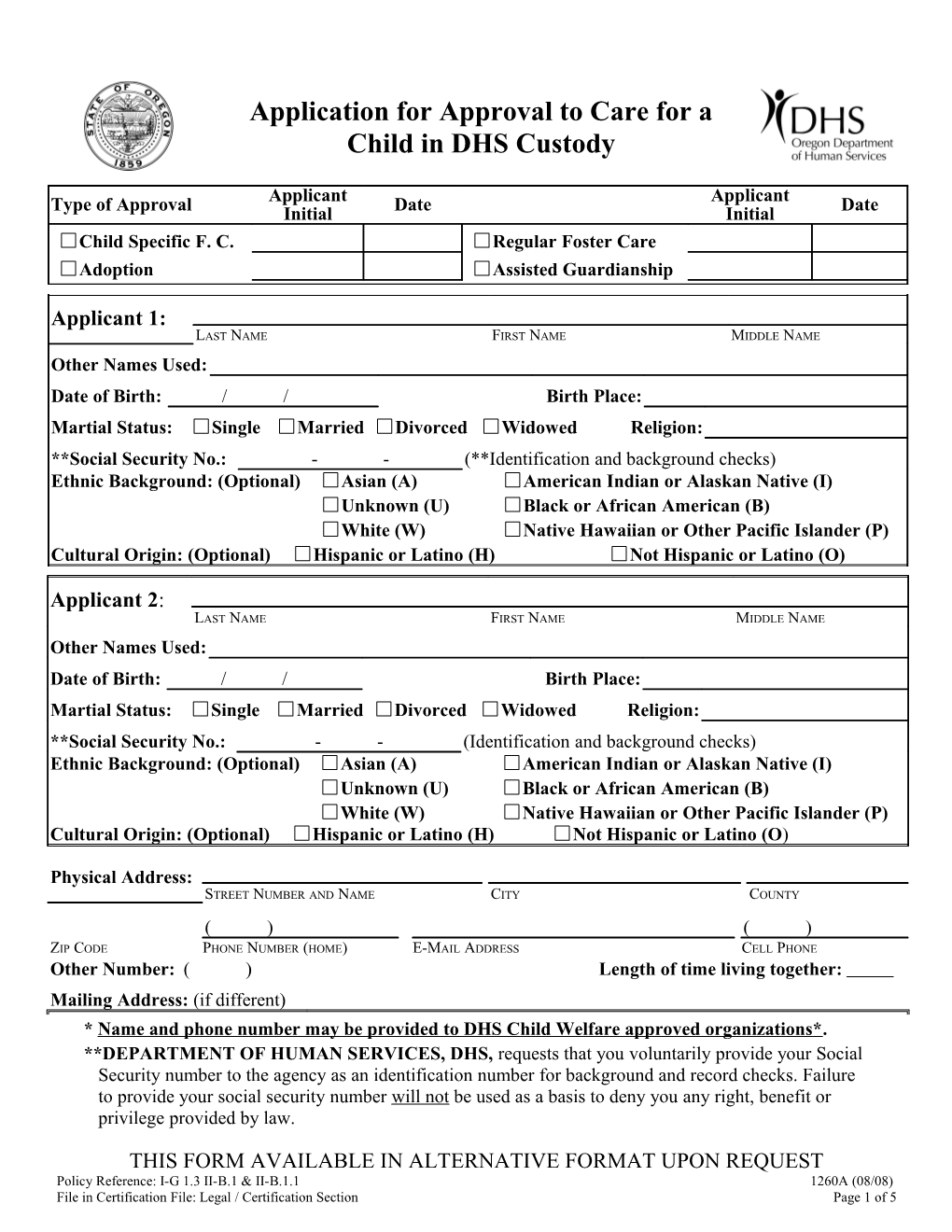 Application for Approval to Care for a Child in DHS Custody Cf 1260A (08/08)