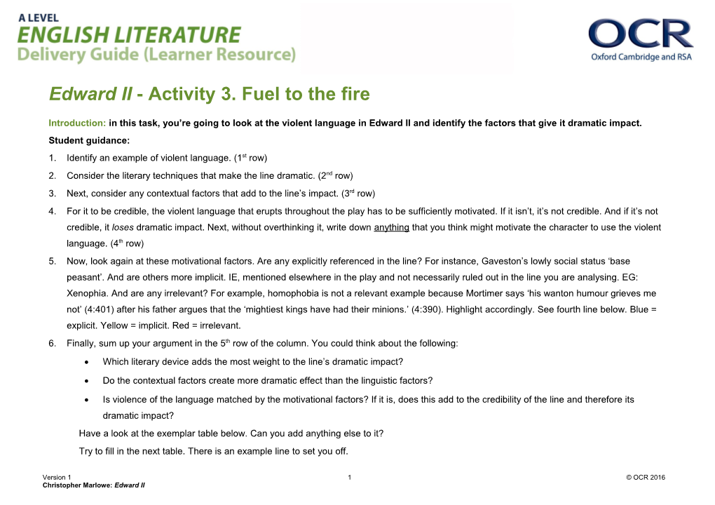 OCR a Level English Literature Delivery Guide Learner Resource Edward II - Activity 3 Fuel