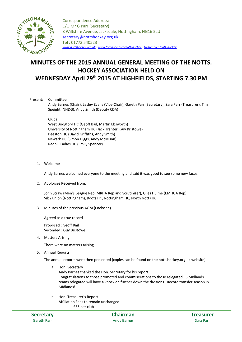 Minutes of the 2015 Annual General Meeting of the Notts. Hockey Association Held on Wednesday