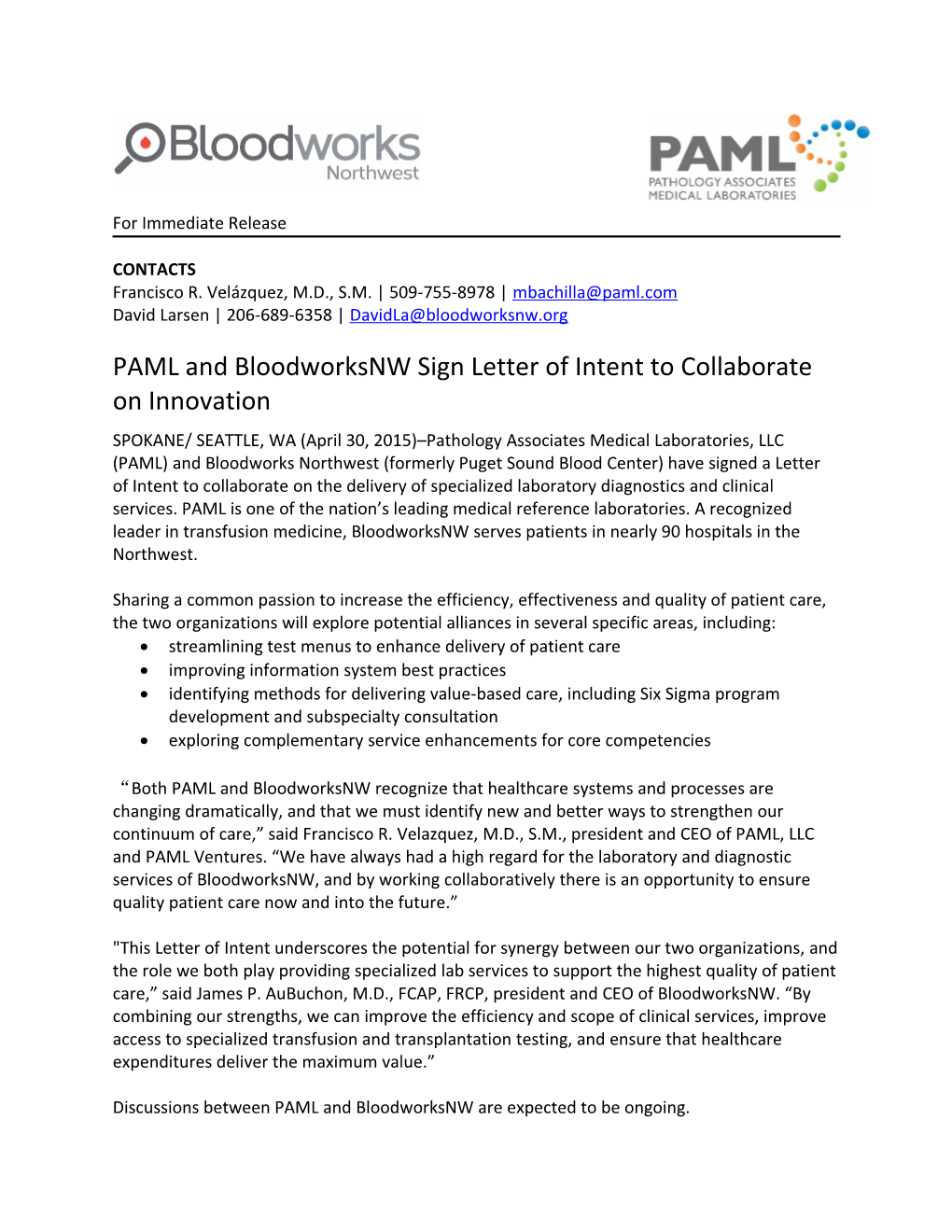 PAML and Bloodworksnw Sign Letter of Intent to Collaborate on Innovation