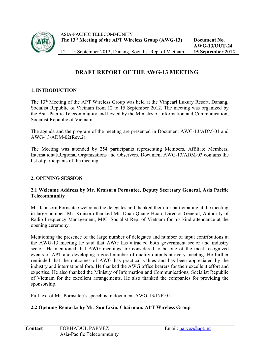 Draft Report of the Awg-13 Meeting