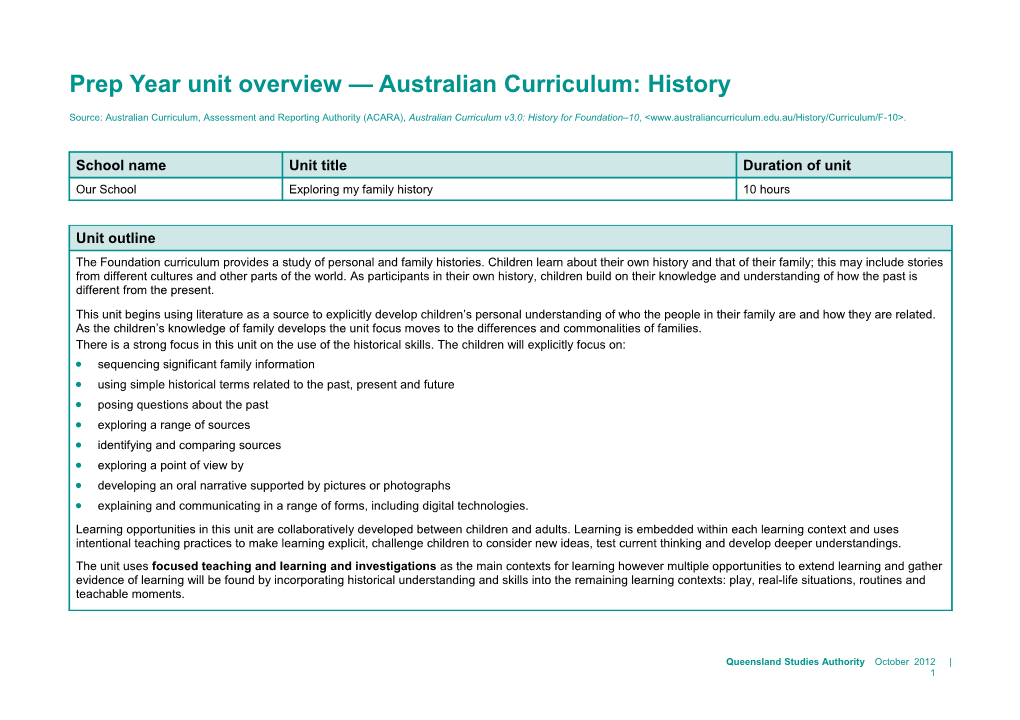 Prep Year Unit Overview Australian Curriculum: History