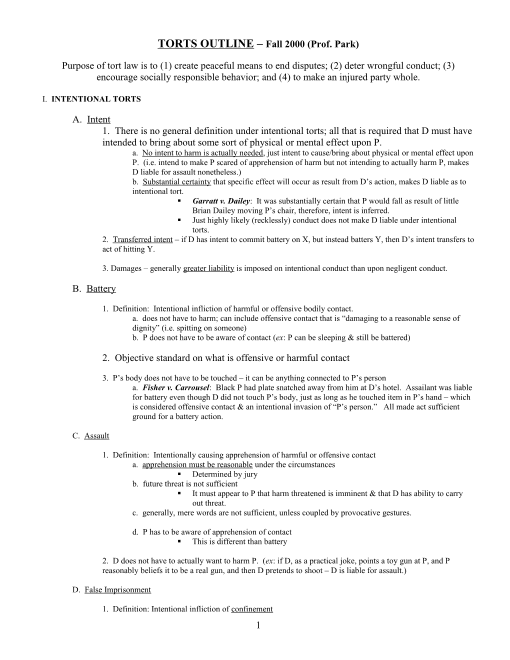 TORTS OUTLINE Fall 2000 (Prof