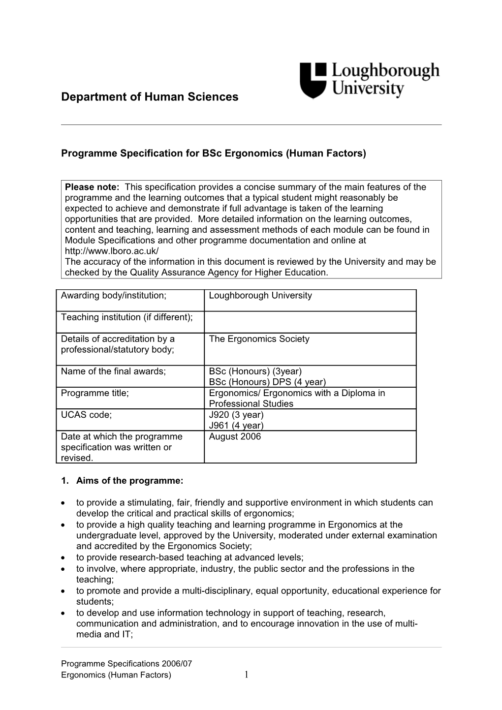 Programme Specification for Bsc Ergonomics (Human Factors)
