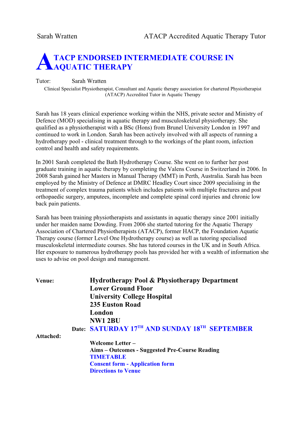 Sarah Wratten ATACP Accredited Aquatic Therapy Tutor