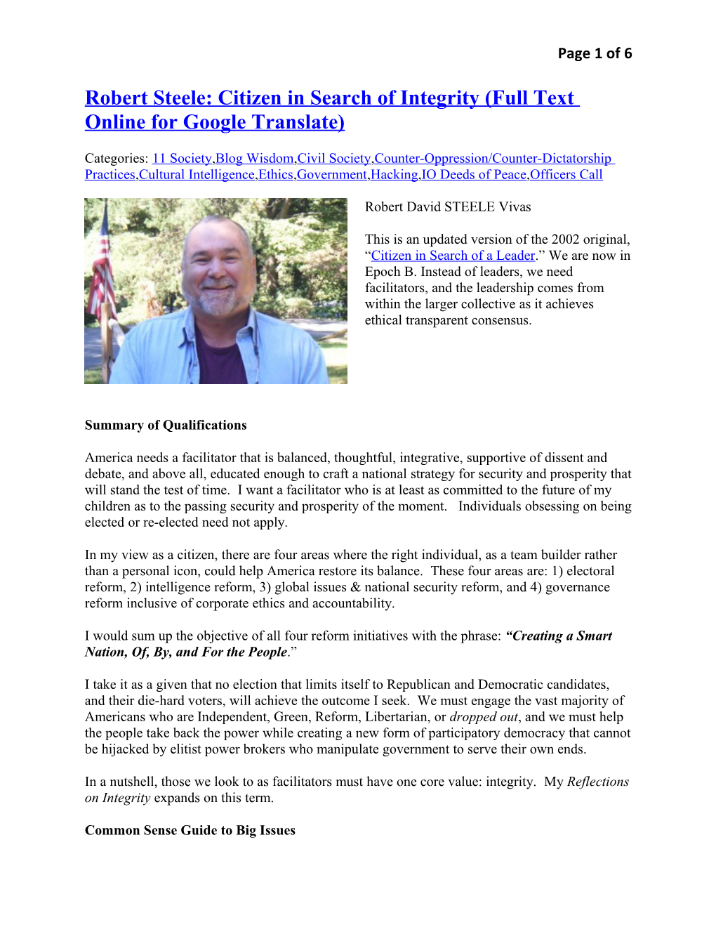 Robert Steele: Citizen in Search of Integrity (Full Text Online for Google Translate)