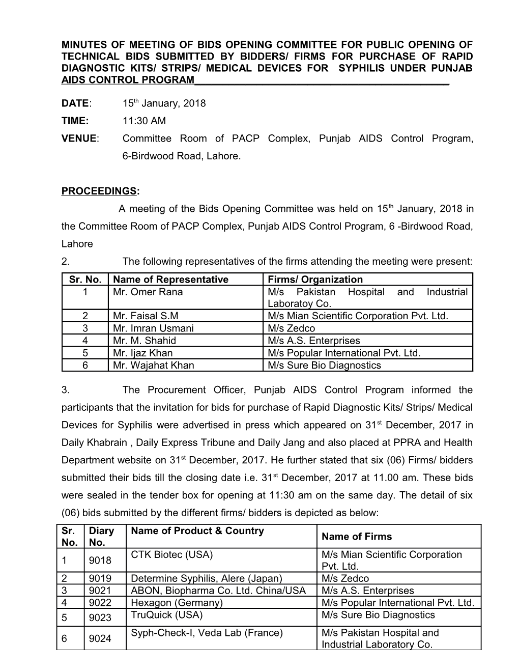 Minutes of Meeting of Bids Opening Committee for Public Opening Oftechnical Bids Submitted