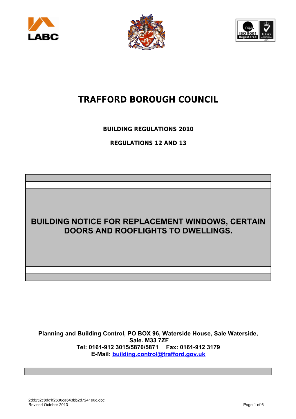 Building Control - Building Notice Application Form (For Replacement Glazing)