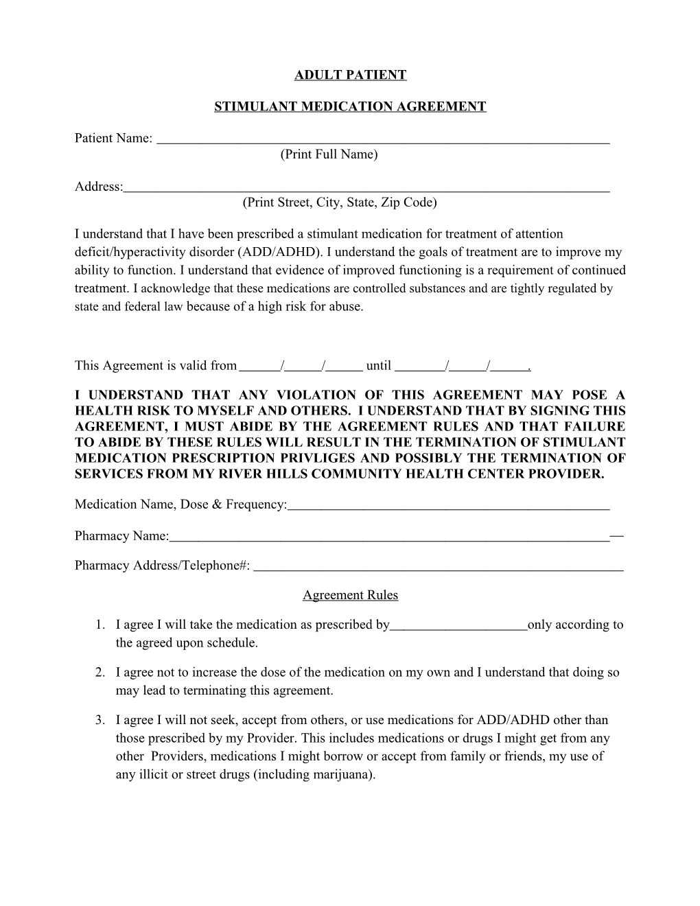 Benzodiazepine Treatment Agreement