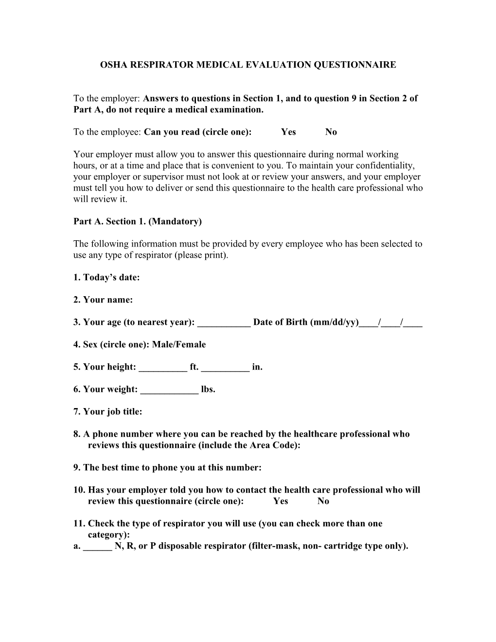 Osha Respirator Medical Evaluation Questionnaire