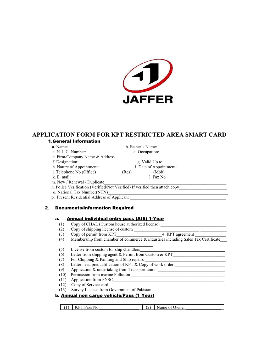 Application Form for Kpt Restricted Area Smart Card