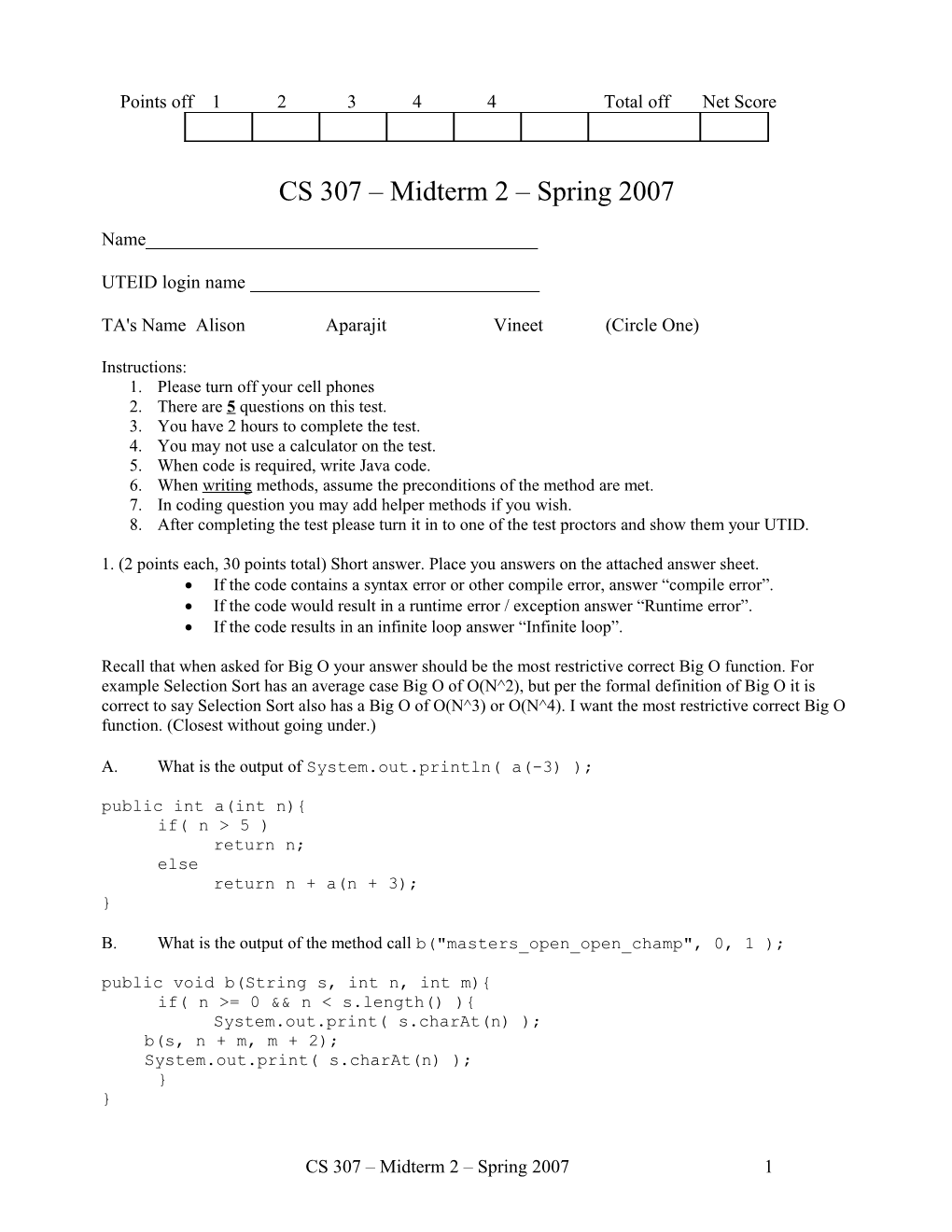 CS 307 Midterm 1 Fall 2001