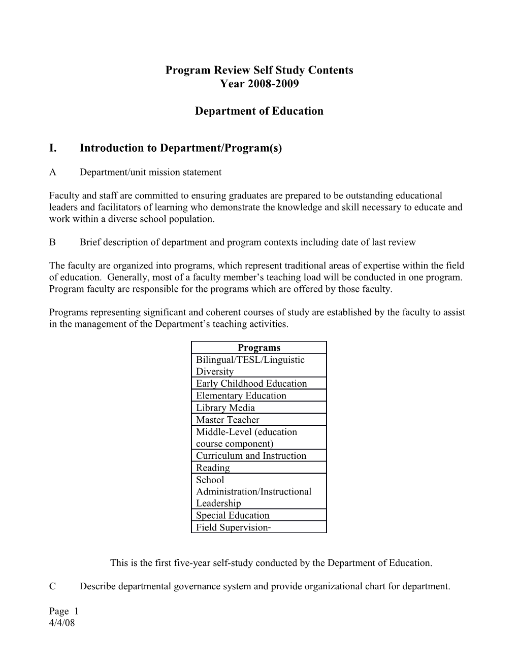 Program Review Self Study Contents