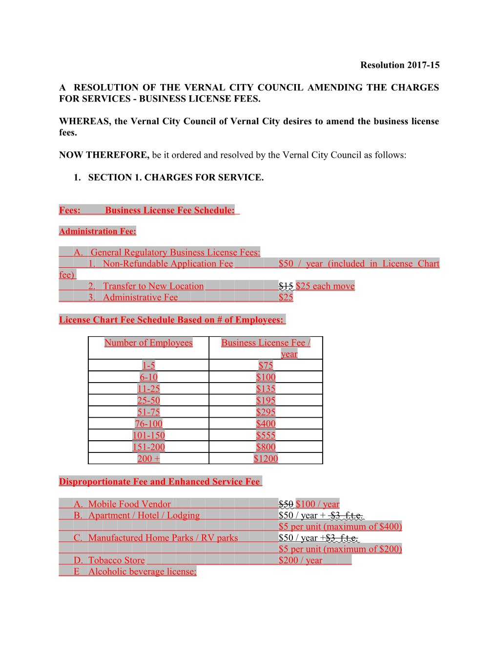 WHEREAS, the Vernal City Council of Vernal City Desires to Amend the Business License Fees