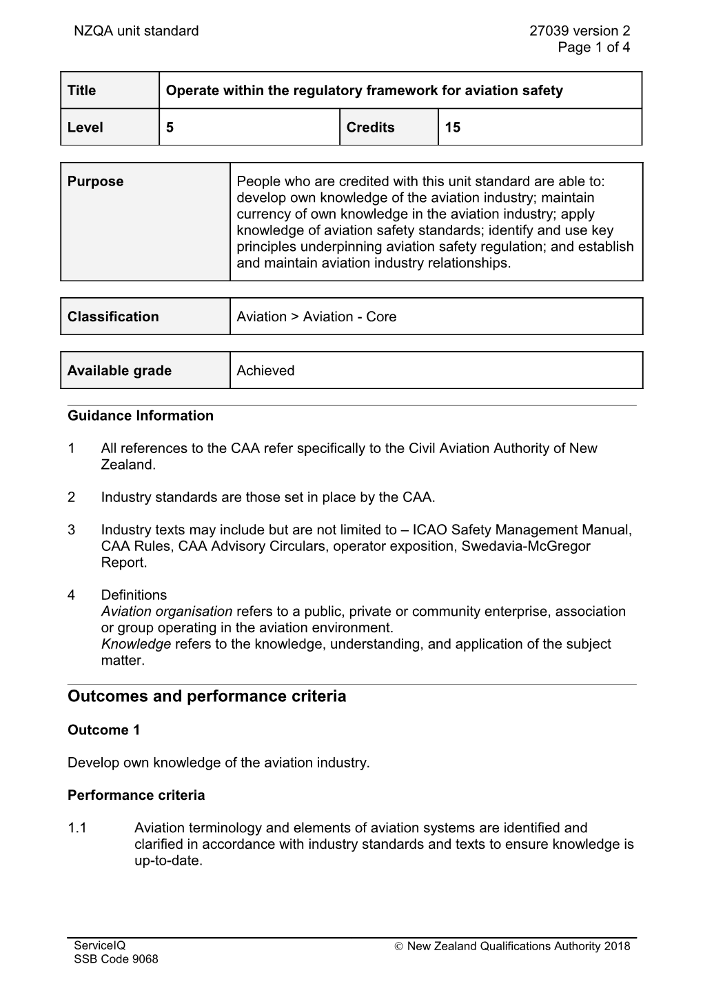 27039 Operate Within the Regulatory Framework for Aviation Safety