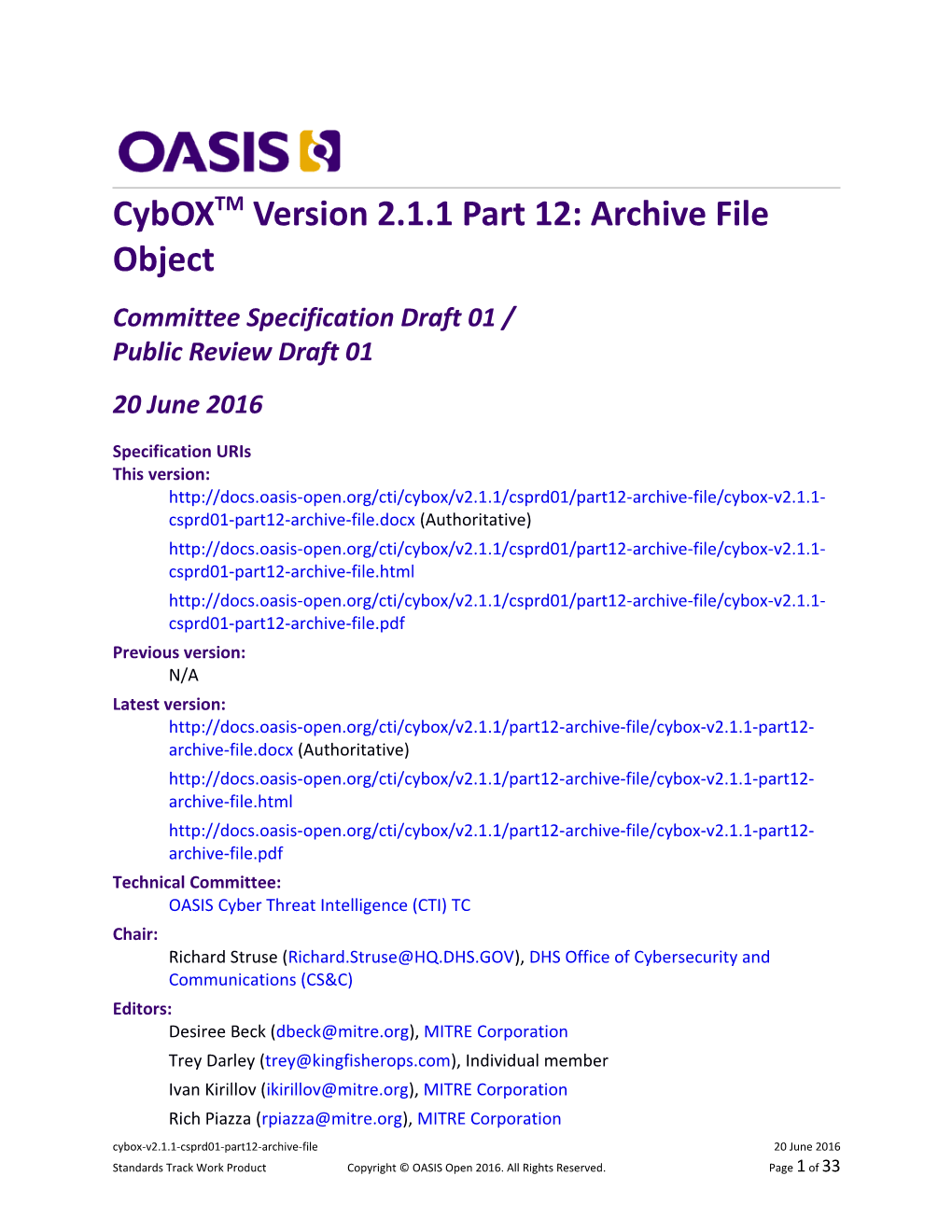 Cybox Version 2.1.1 Part 12: Archive File Object