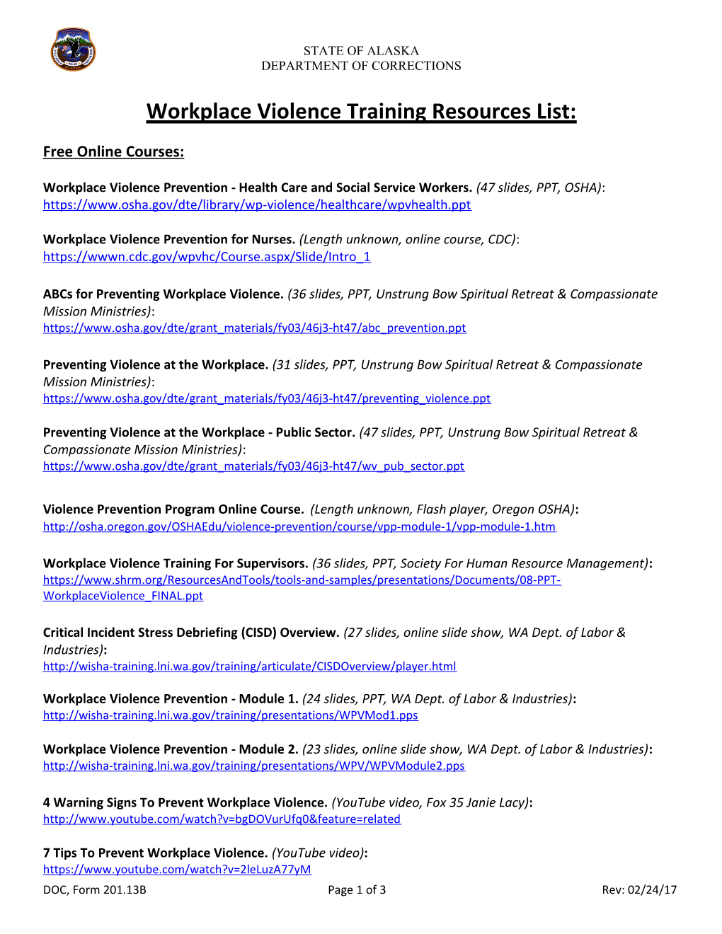Workplace Violence Training Resources List