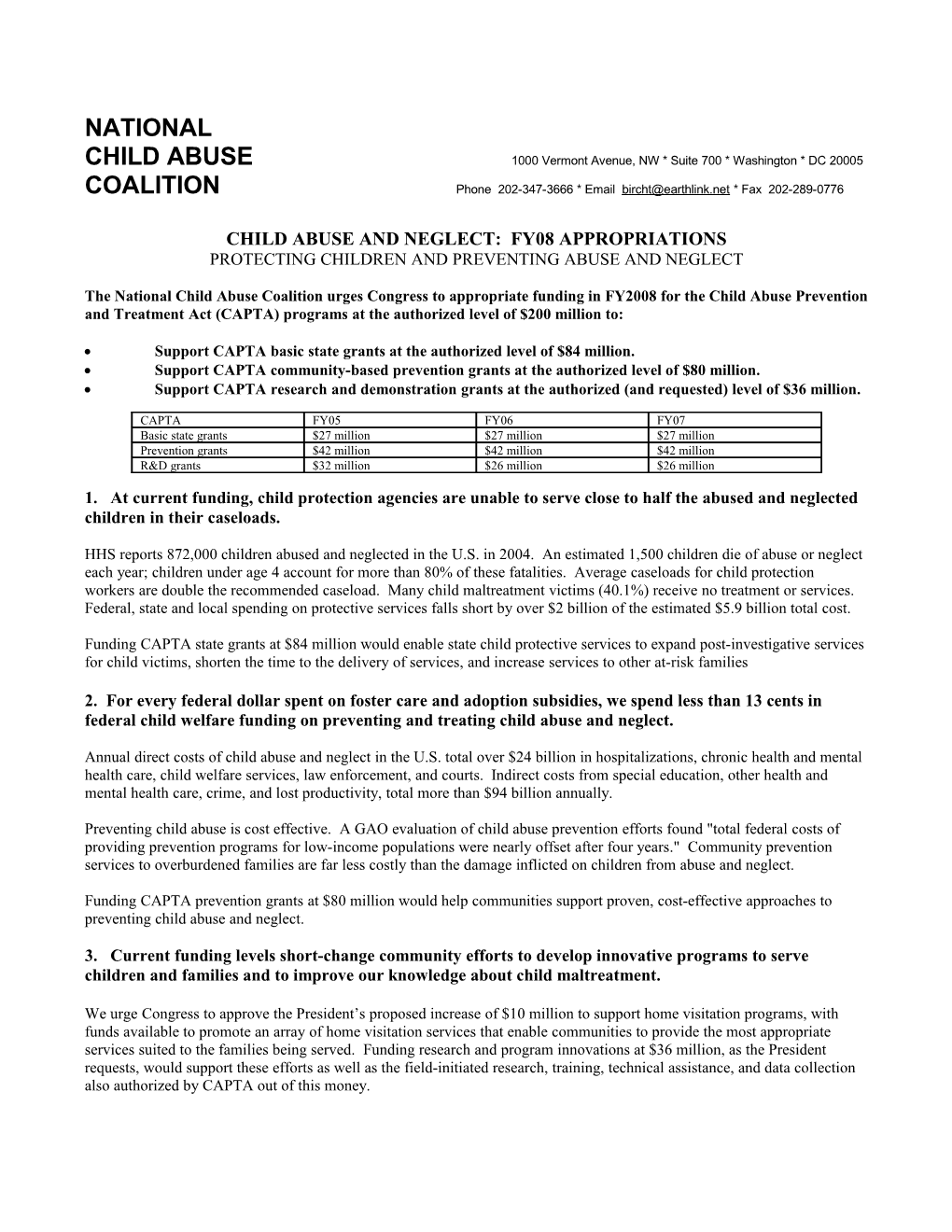 Child Abuse and Neglect: Fy08 Appropriations