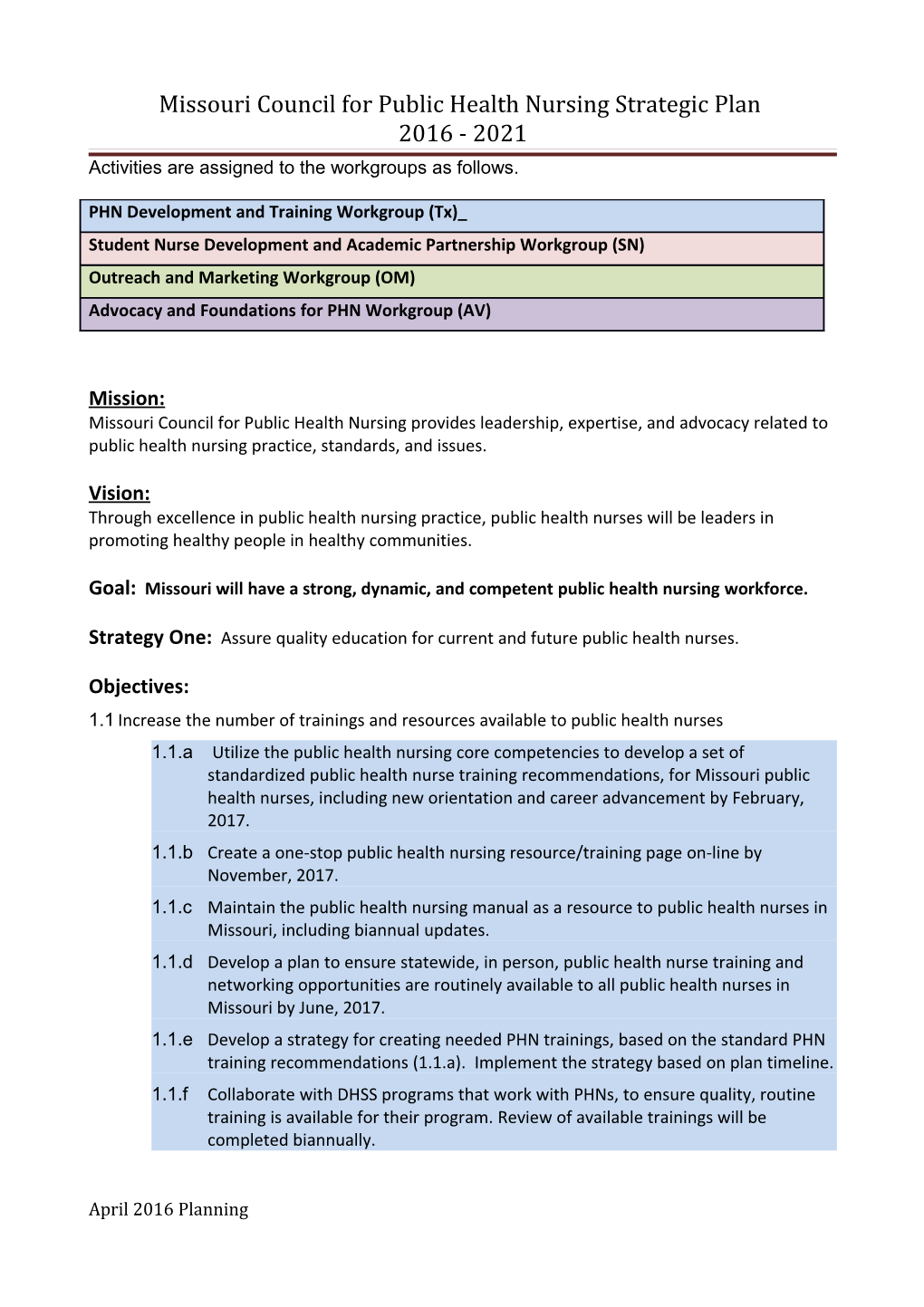 Missouri Council for Public Health Nursing Strategic Plan
