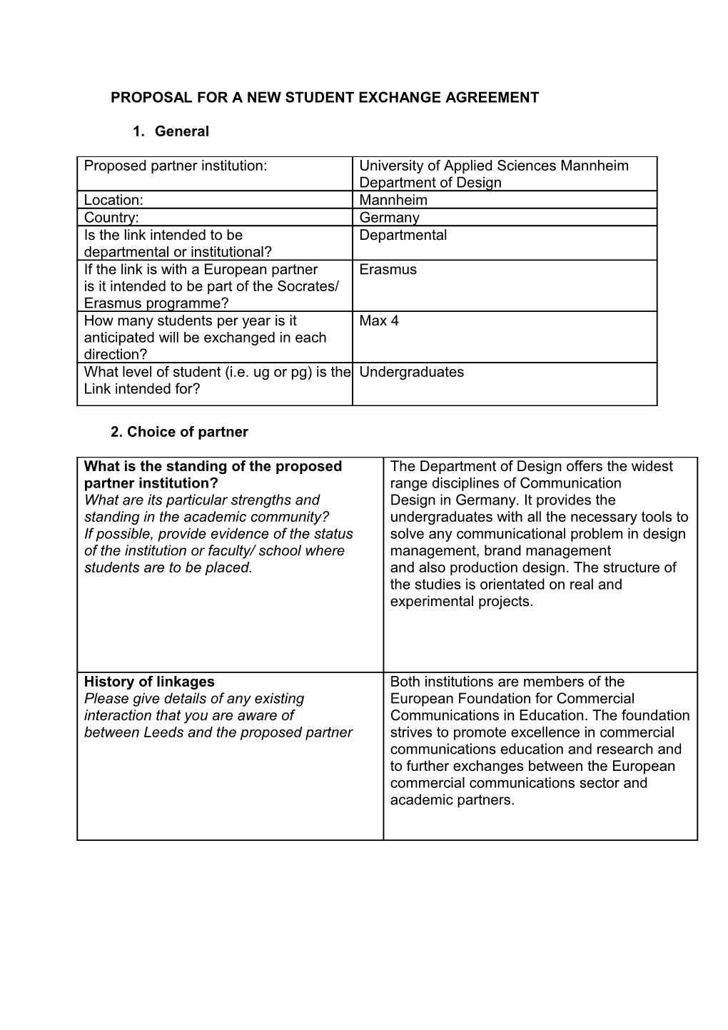 Proposal for a New Student Exchange Agreement