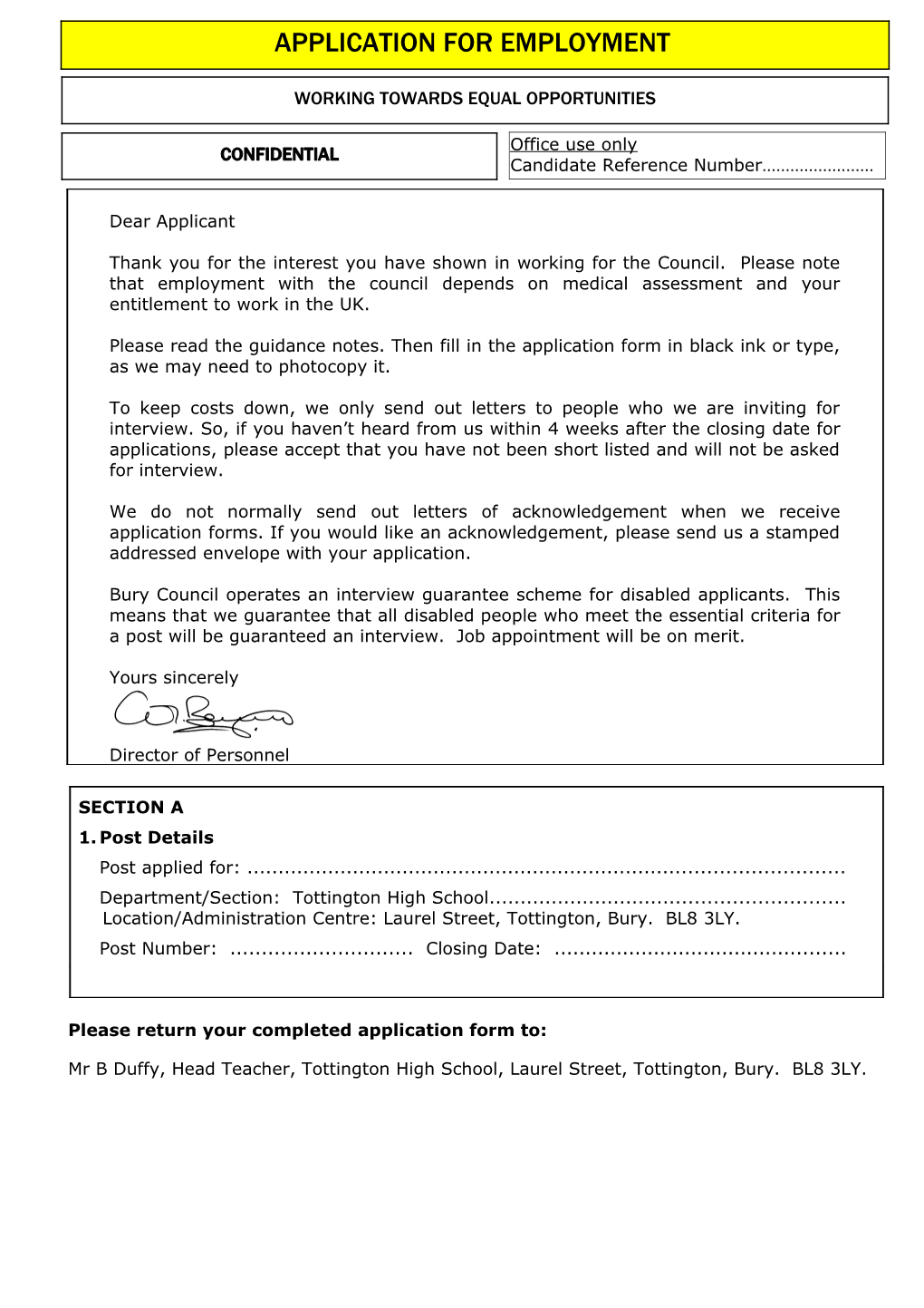 Application for Employment - Letter & Form