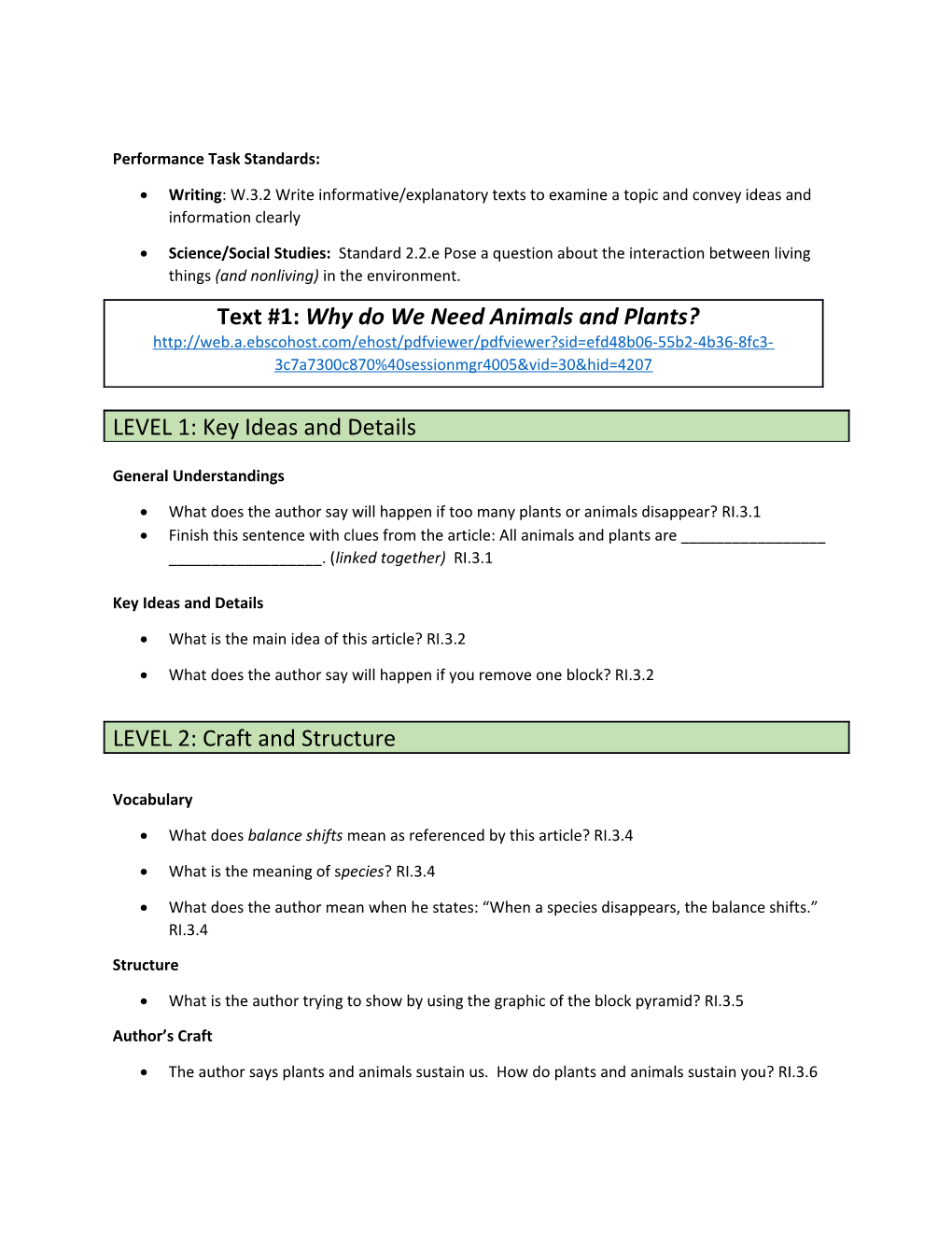 Performance Task Standards