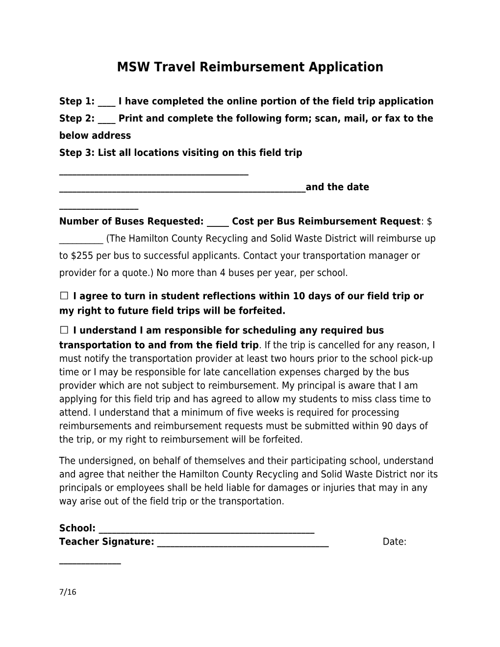 MSW Travel Reimbursement Application