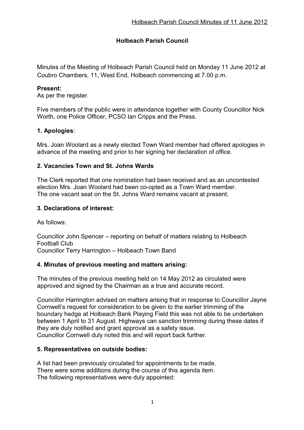 Holbeach Parish Council Minutes of 11 June 2012