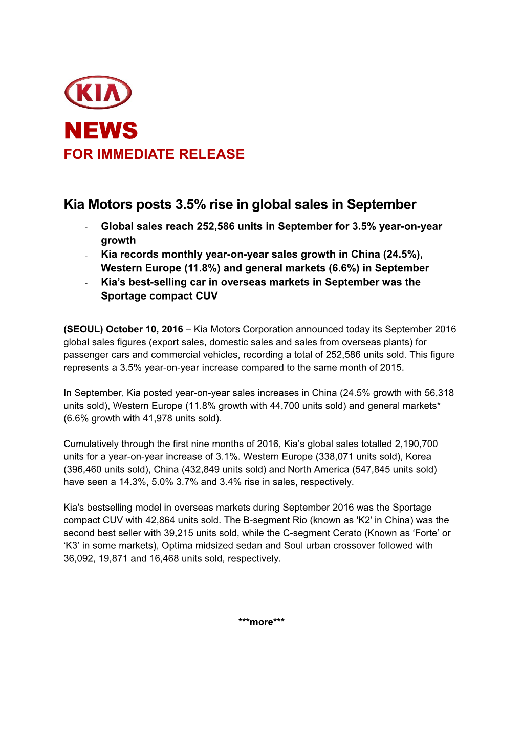 Kia Motors Posts 3.5% Rise in Global Sales in September