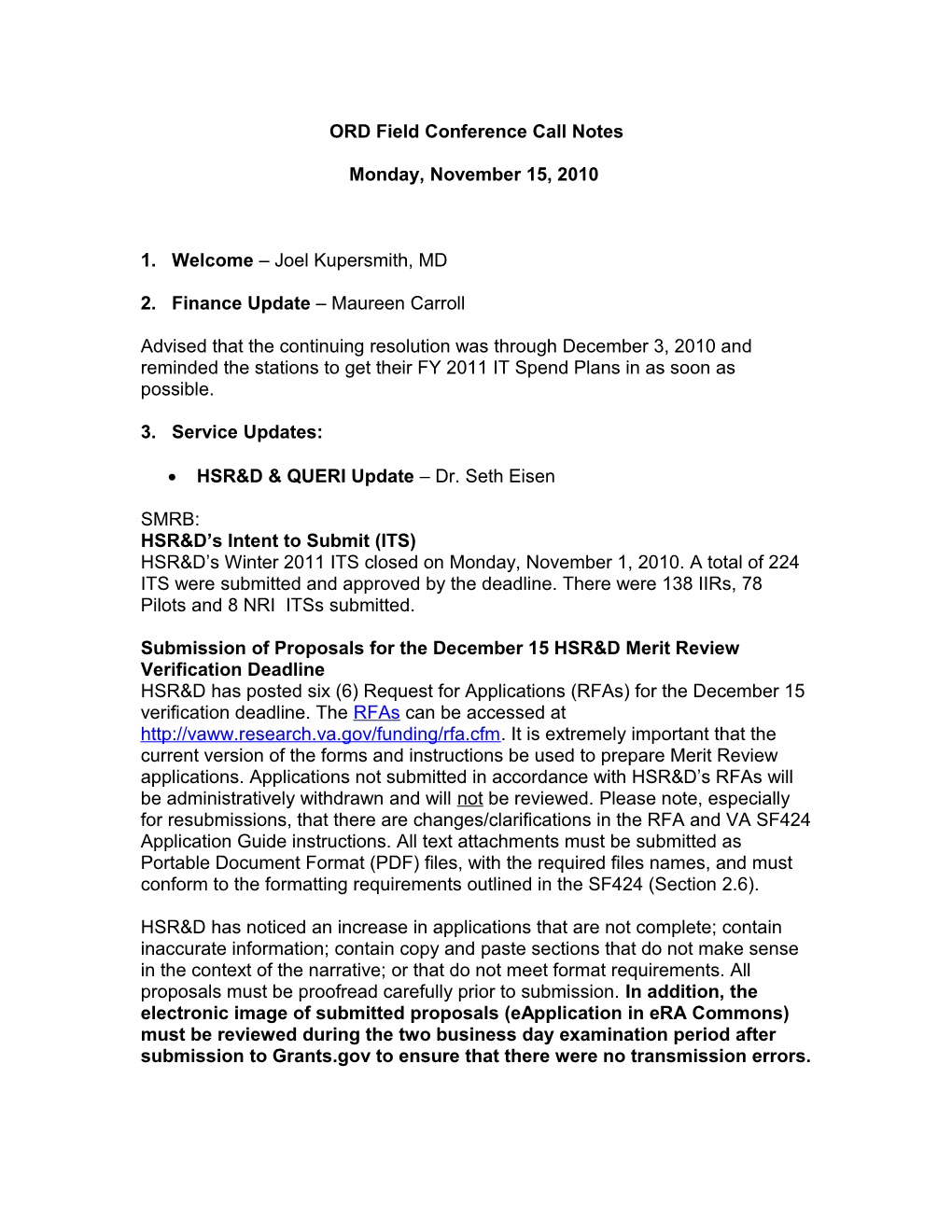 ORD Field Conference Call Notes: Nov. 15, 2010