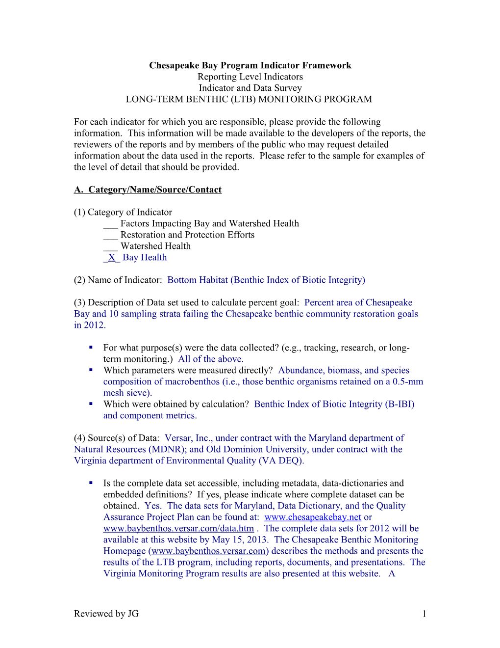 Chesapeake Bay Program Indicator Framework