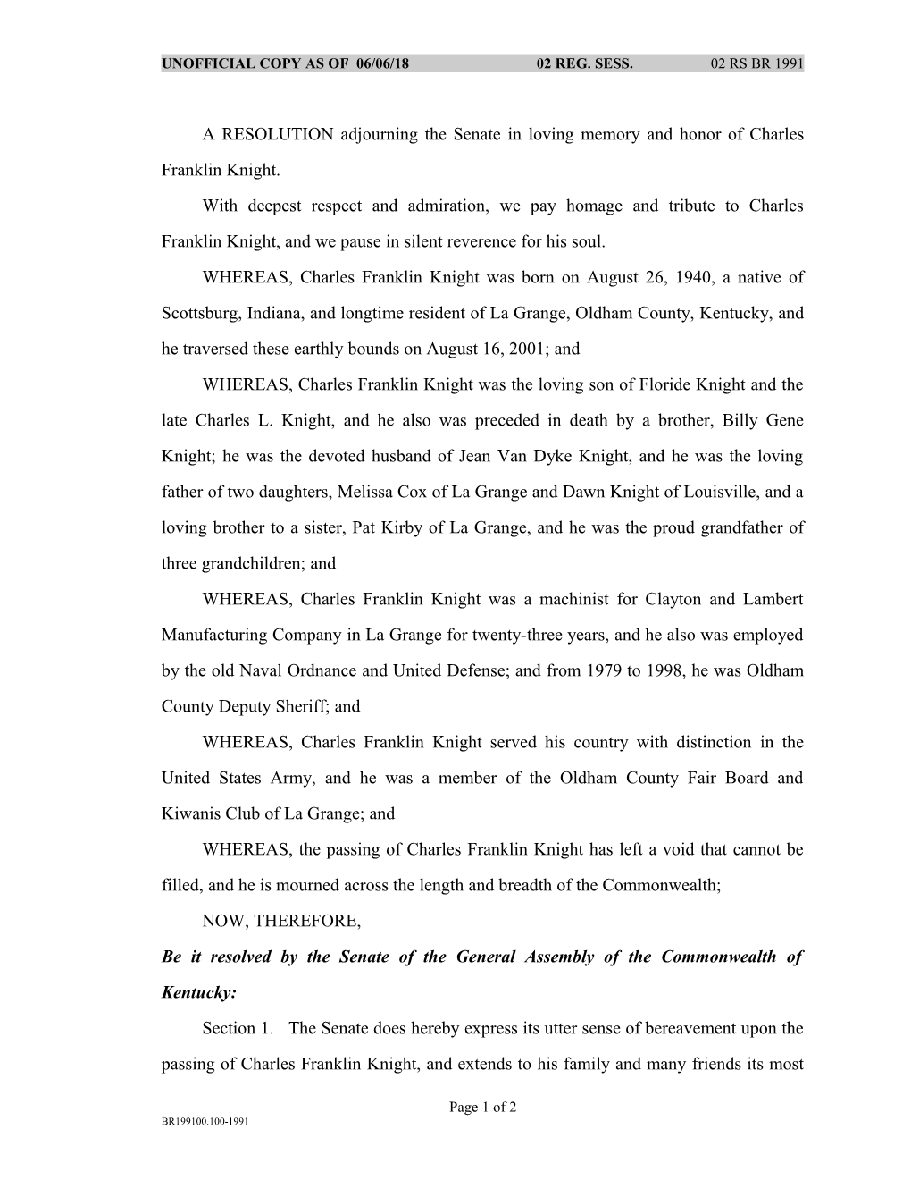 A RESOLUTION Adjourning the Senate in Loving Memory and Honor of Charles Franklin Knight