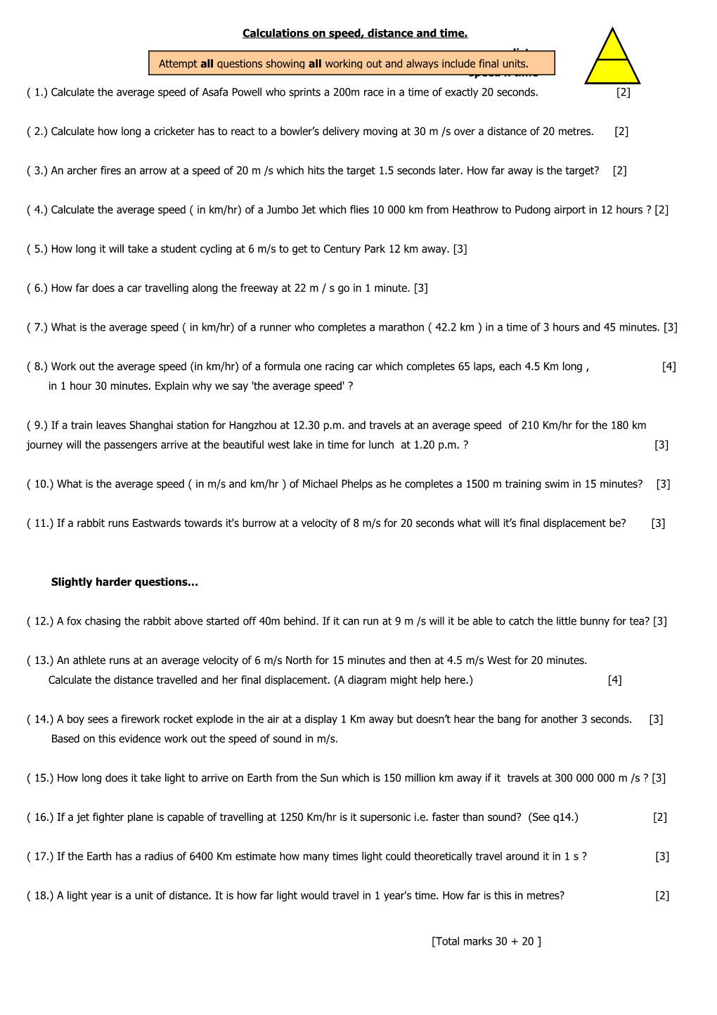 Practise Calculations on Speed, Distance and Time