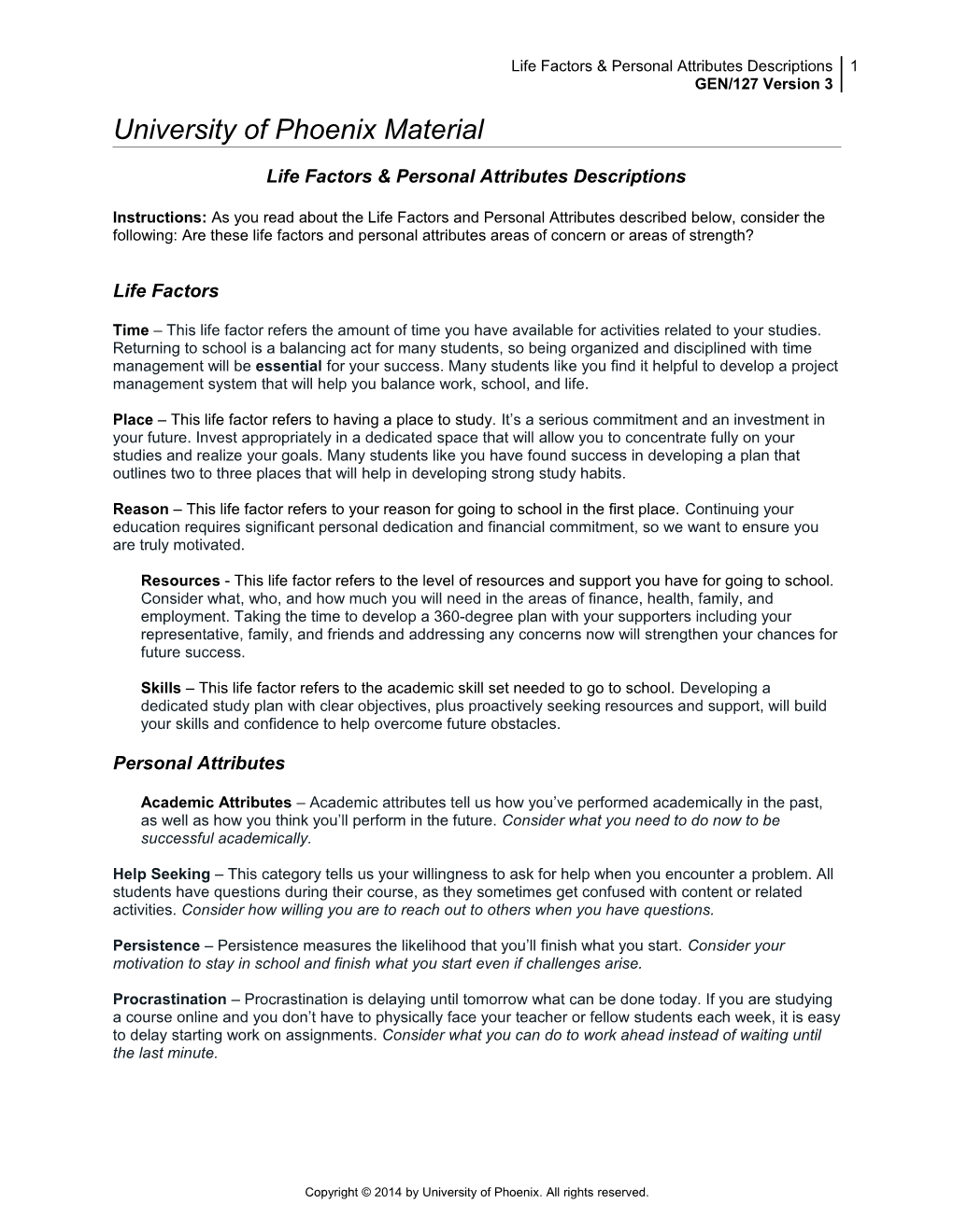 Life Factors & Personal Attributes Descriptions