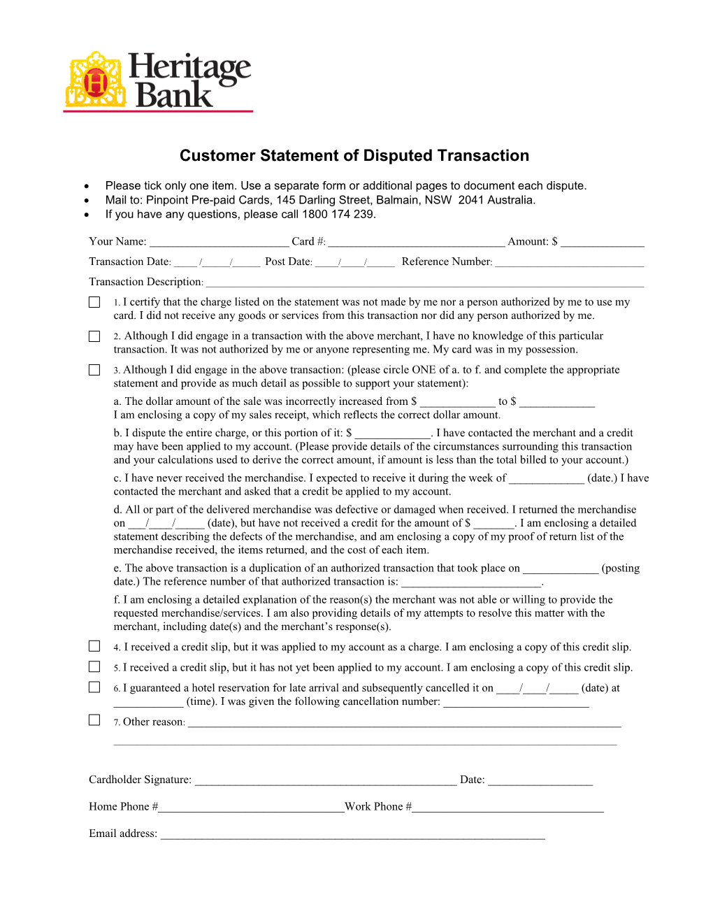 Customer Statement of Disputed Transaction