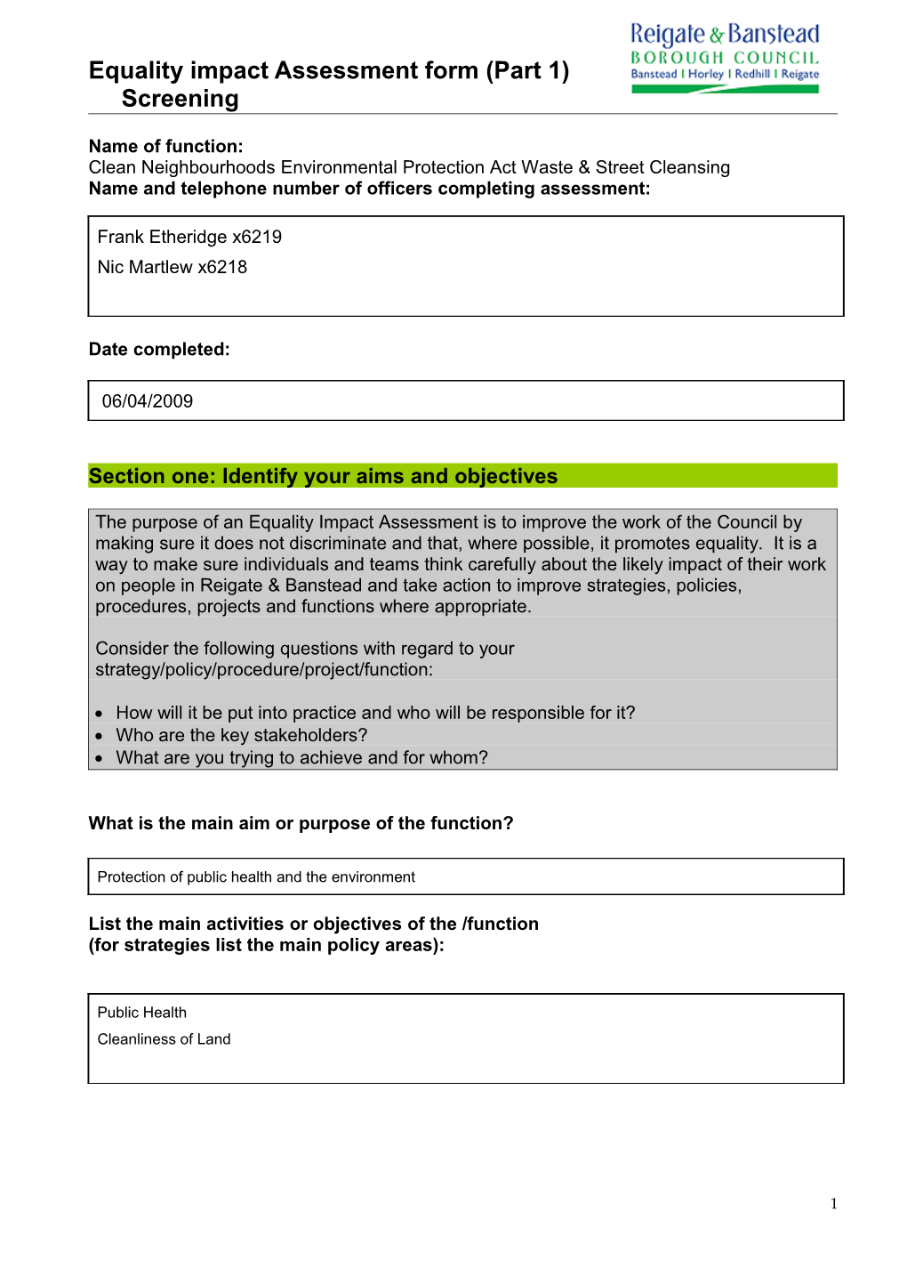 Equality Impact Assessment Form (Part 1)