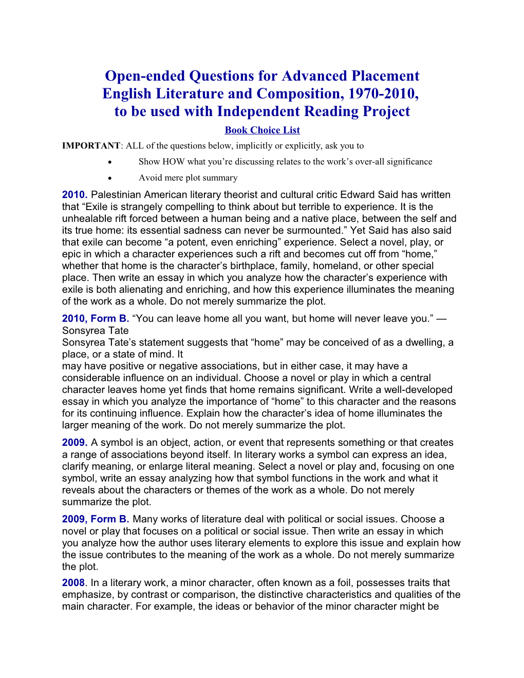 Open-Ended Questions for Advanced Placement English Literature and Composition, 1970-2010