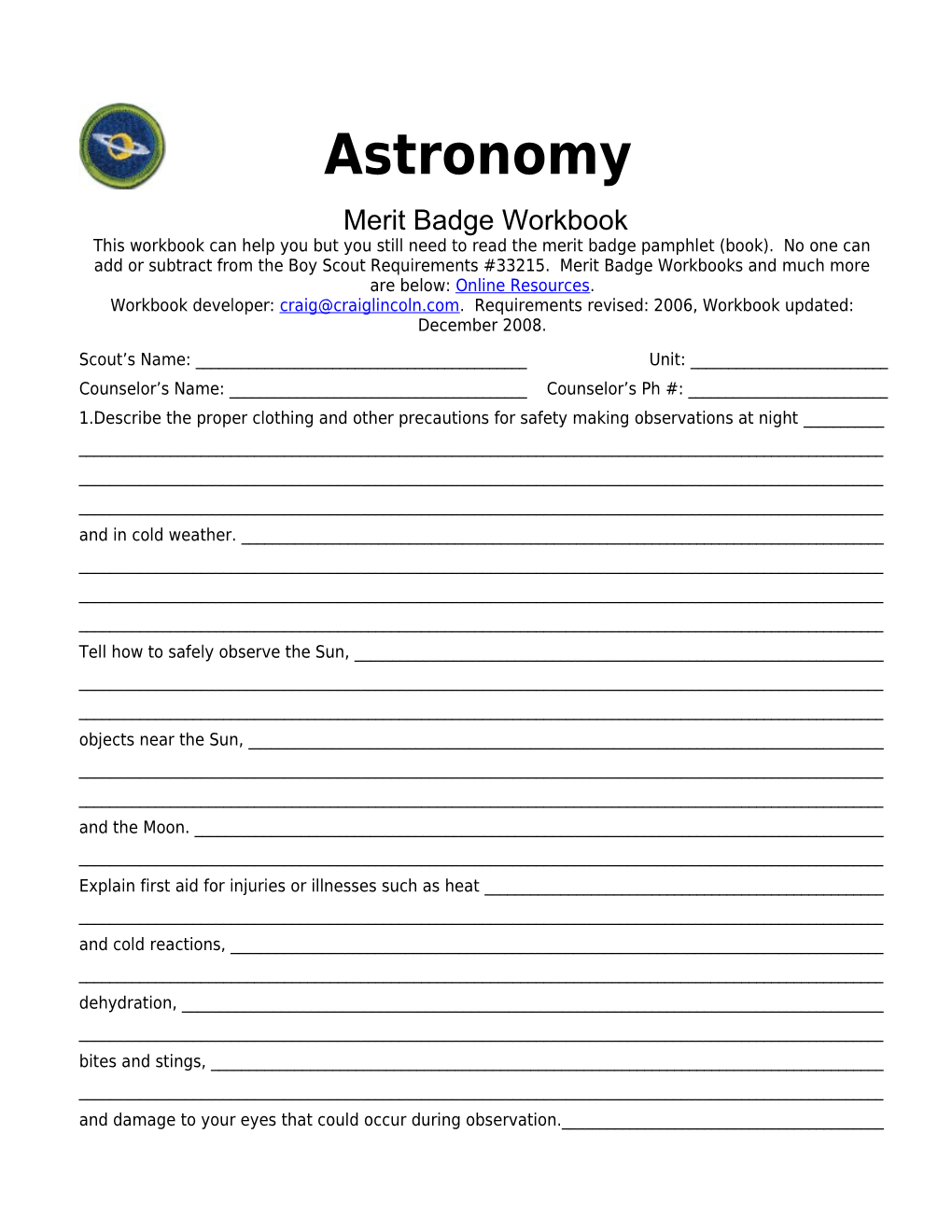 Astronomy P. 6 Merit Badge Workbook Scout's Name: ______