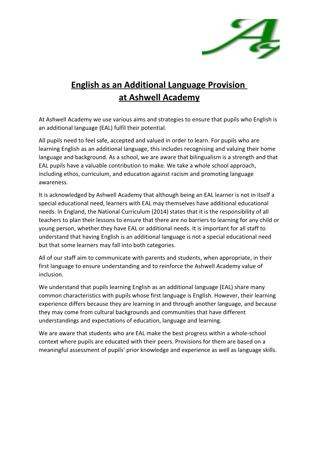 English As an Additional Language Provision at Ashwell Academy
